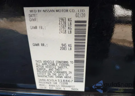 2020 Nissan Altima Sr Fwd из США, поврежденный, VIN 1N4BL4CV3LN318867